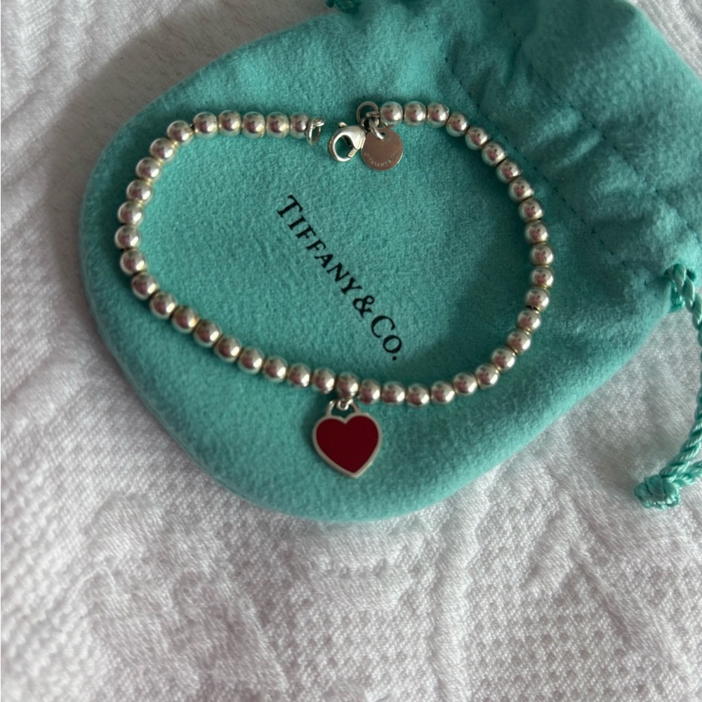 AUTHENTIC Tiffany & Co. Silver Heart tag Charm beaded Bracelet
